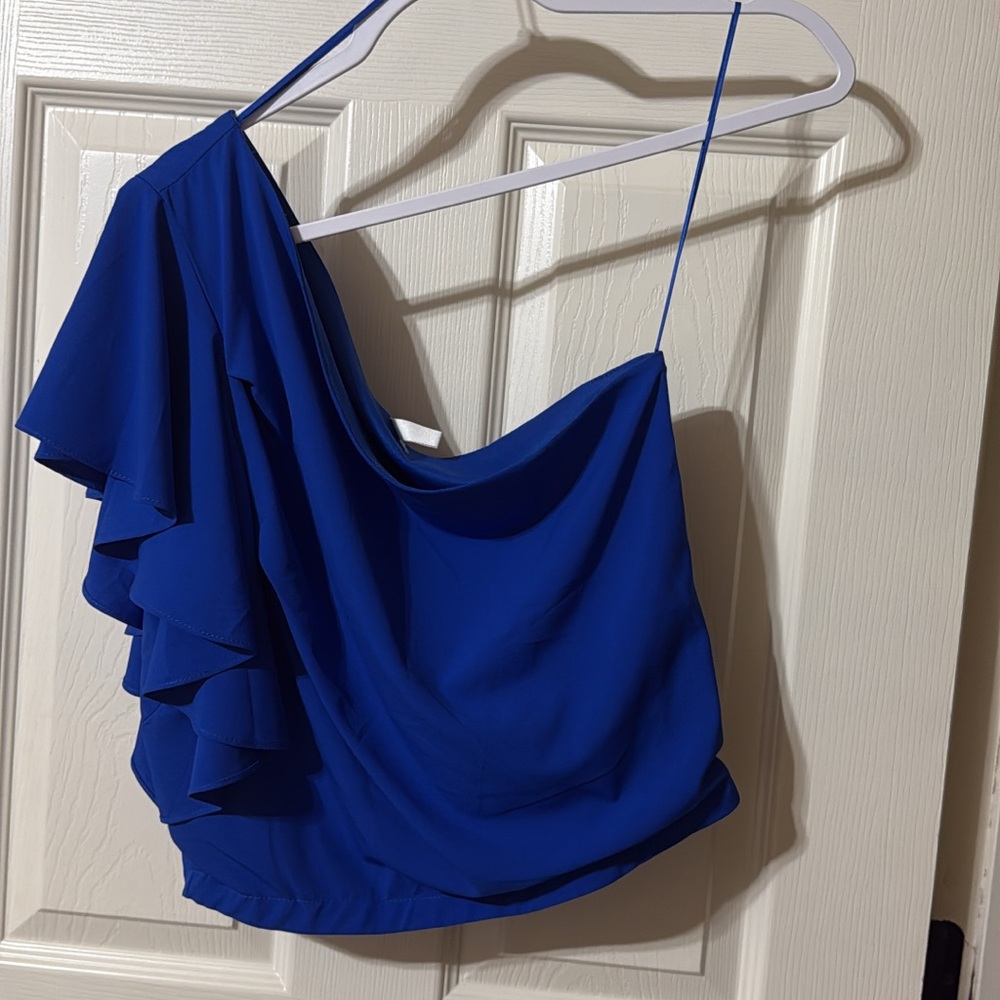 Blue One-Shoulder Ruffle Top